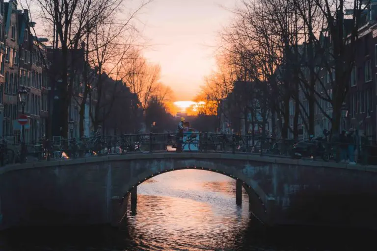 a bridge over a body of water with a city in the background