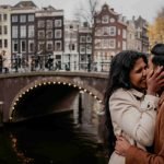 Couple at historical bridge happy